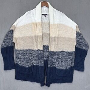 Olivia Sky Cardigan Women 2X Blue Colorblock Open Front Knit Sweater Pockets New